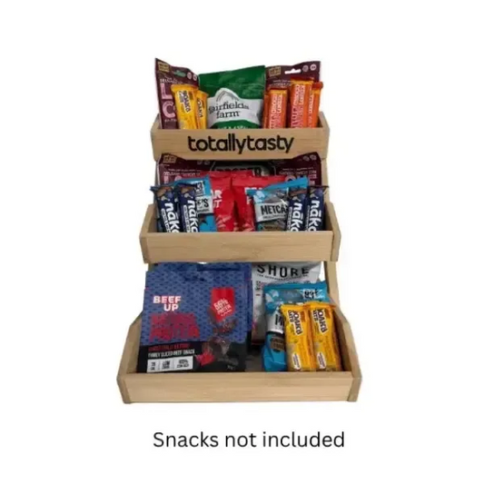 Snack display rack with 'totallytasty' branding on a white background