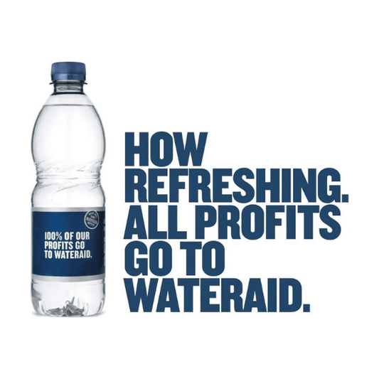 Belu Water bottle with a label and text about profits going to WaterAid on a white background