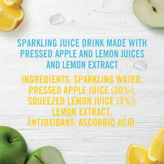 Ingredients list for a sparkling juice drink with apples and lemons on a white background
