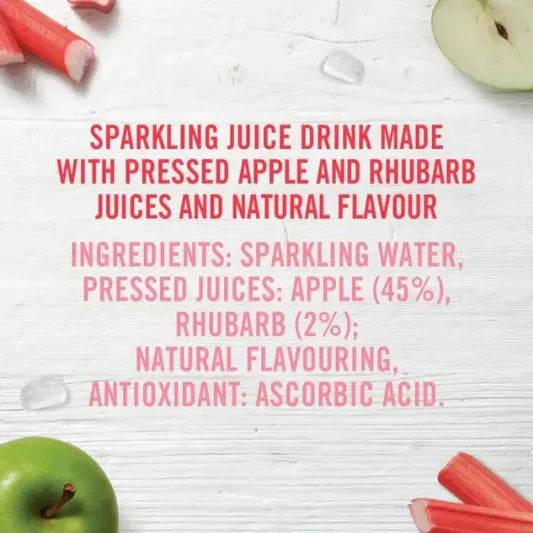 Sparkling juice drink with apple and rhubarb on a white background available from totally tasty