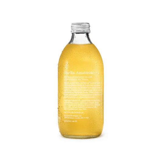 Clear glass bottle with yellow liquid on a white background