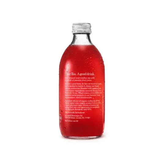 Rear of bottle of Charitea Iced Red tea with a silver cap on a white background