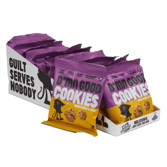 Packaging of Damn Good Cookies with purple and yellow design on a white background