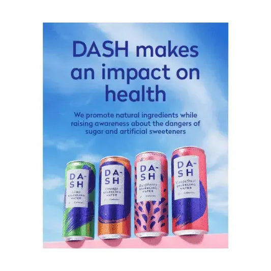 Four DASH Water Sparkling drinks can with a promotional message about health and natural ingredients on a blue sky background.