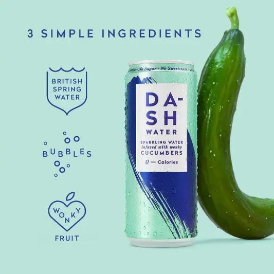 Dash Water Sparkling Drink Can cucumber and mint on a light green background