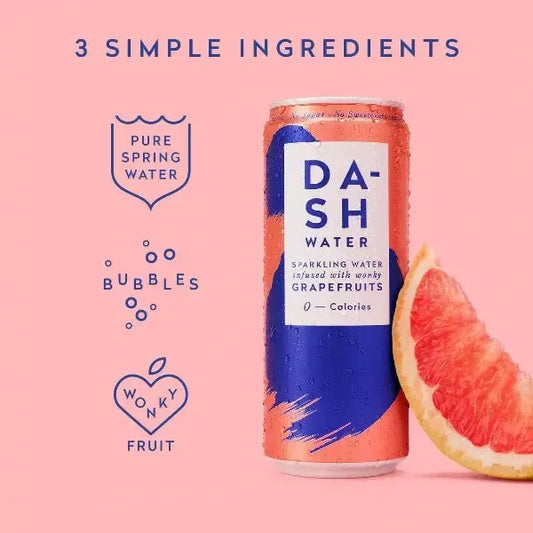 Can of DASH Water Ingredients with grapefruit flavour on a pink background