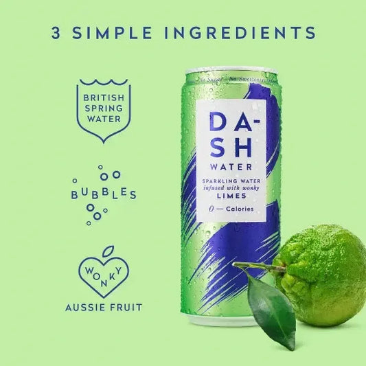 Dash water ingredients with lime and text on a green background