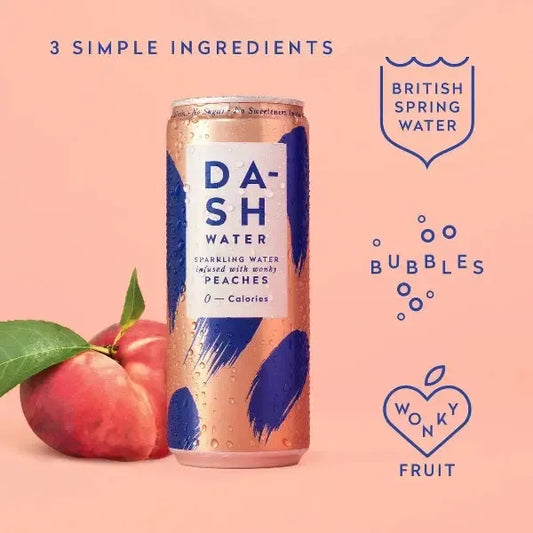 Can of DASH Water Peach flavour with ingredients on a peach colour background.