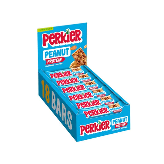 Box of Perkier Peanut Protein bars on a white background