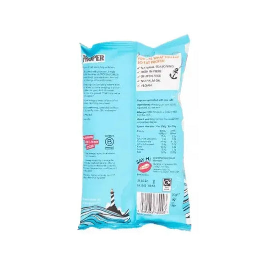 Propercorn Sea Salter Popcorn rear of pack with text and graphics on a white background