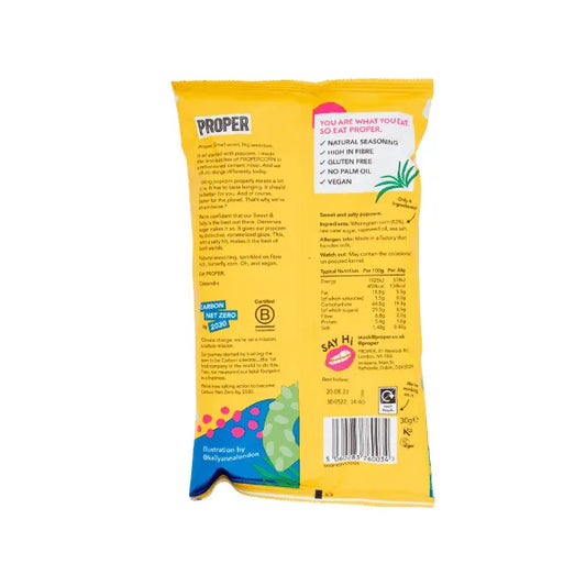 propercorn sweet and salty popcorn rear of packet with text and graphics on a white background