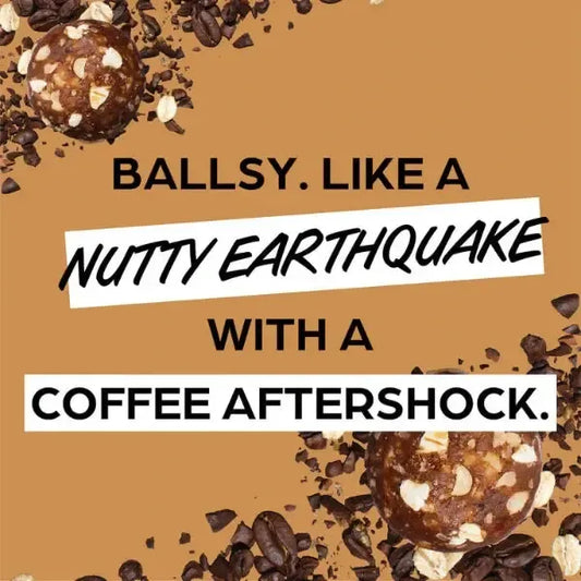 Text description of a product with coffee beans and a coffee ball on a brown background