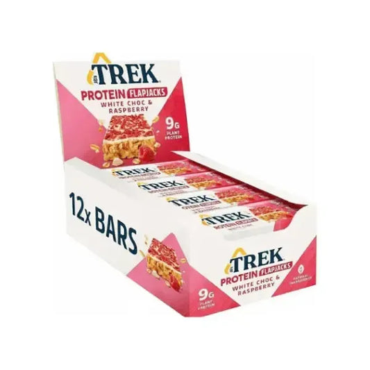 Box of Trek Protein Flapjacks with white chocolate and raspberry flavour on a white background