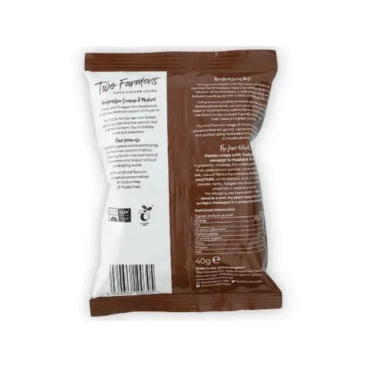 Two Farmers hand-cooked crisps Herefirdshire Sausage and Mustard flavour packaging with brown and white design
