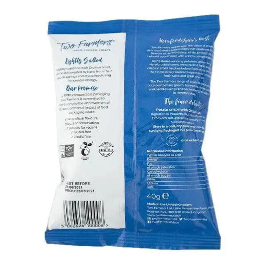 Back view of a blue and white packaging of Two Farmers potato crisps with text and logos.