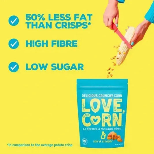 Advertisement for 'Love Corn' packaging with a corn cob and a bag on a yellow background.