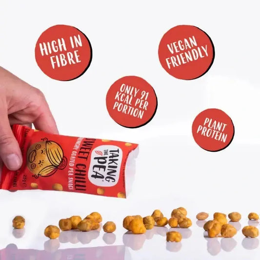 Hand holding a package of 'Taking the Pea' sweet chilli snack with nutritional information displayed.