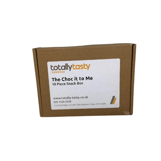 Cardboard box with 'totally tasty' label on a white surface