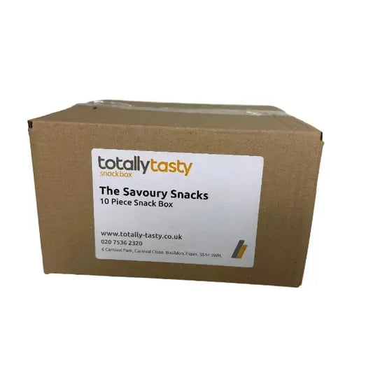 Cardboard box with 'totally tasty' label on a white surface