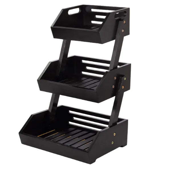 Black three-tiered office snack storage rack on a white background