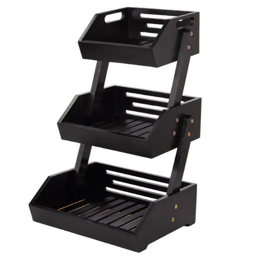 Black three-tiered office snack storage rack on a white background