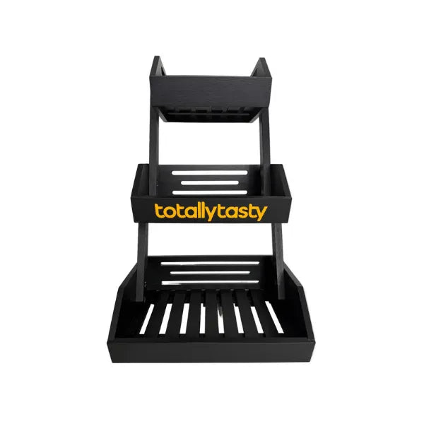 Black 3 tier office snack rack with 'totallytasty' branding on a white background