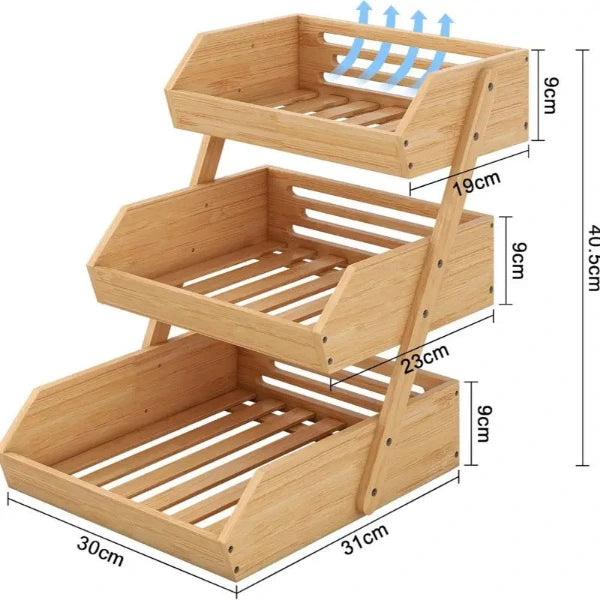Wooden office snack rack with dimensions on a white background