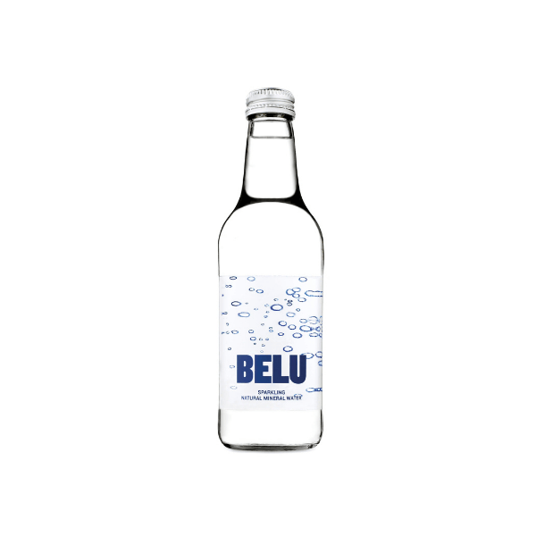 Bottle of BELU sparkling natural mineral water on a white background