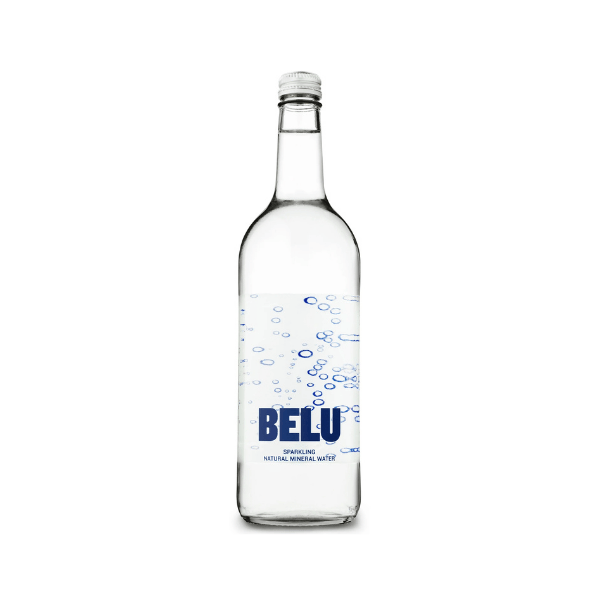 Clear bottle of BELU sparkling natural mineral water on a white background