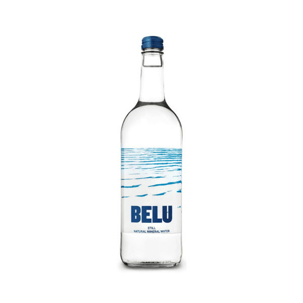 Bottle of BELU still natural mineral water on a white background