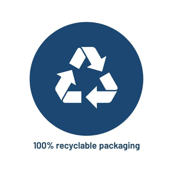 Recycling symbol with '100% recyclable packaging' text on a white background