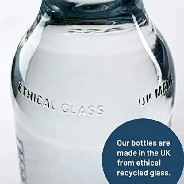 Belu Glass bottle with 'Ethical Glass' and 'UK Made' labels on a white background