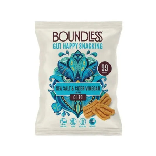 Package of Boundless sea salt and cider vinegar chips on a white background
