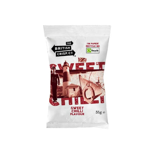 White packet of sweet chilli flavor crisps from The British Crisp Co on a white background