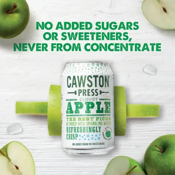 Cawston Press cloudy apple can with green apples on a white background