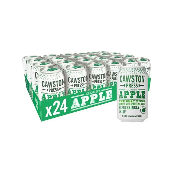 Pack of Cawston Press cloudy apple cans on a white background available from totally tasty