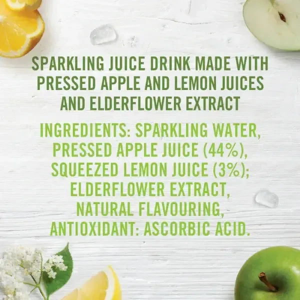 Product label for sparkling juice drink with ingredients listed, surrounded by lemon slices and an apple on a white background.