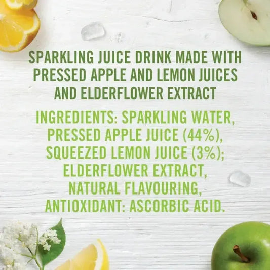 Product label for sparkling juice drink with ingredients listed, surrounded by lemon slices and an apple on a white background.