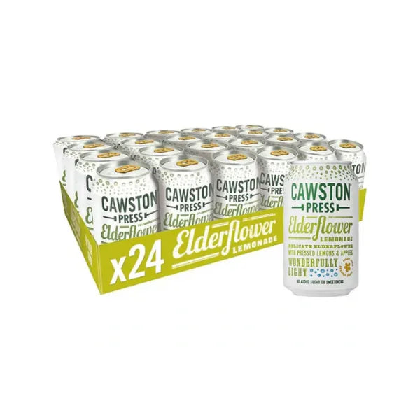 Pack of Cawston Press Elderflower Lemonade cans with a box on a white background available from totally tasty