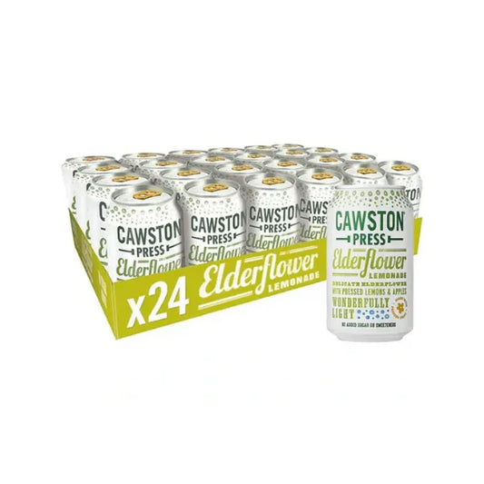 Pack of Cawston Press Elderflower Lemonade cans with a box on a white background available from totally tasty