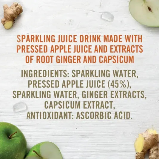Ingredients list for a sparkling juice drink with apples, ginger, and capsicum on a white background.