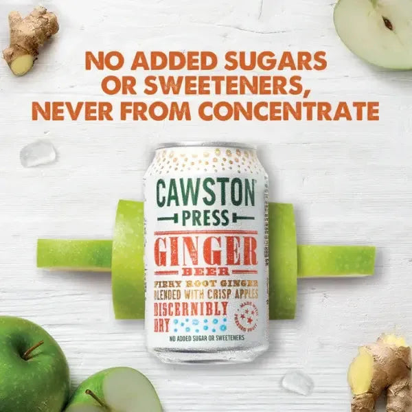 Cawston Press Ginger Beer can with ginger and apple on a white background
