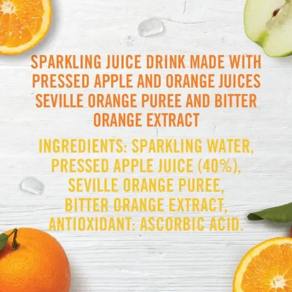 Ingredients list for a sparkling juice drink with oranges and apples on a white background available from totally tasty