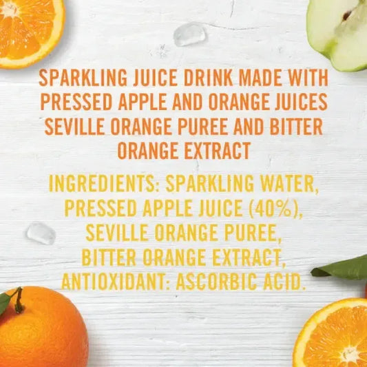 Ingredients list for a sparkling juice drink with oranges and apples on a white background available from totally tasty