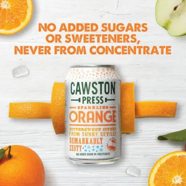 Cawston Press sparkling orange drink can with oranges and ice cubes on a white background available from totally tasty