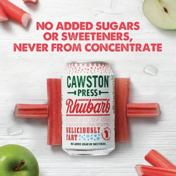 Cawston Press Rhubarb drink can with rhubarb sticks and apples on a white background and product information text saying no artificial sweeteners or added sugar available from totally tasty
