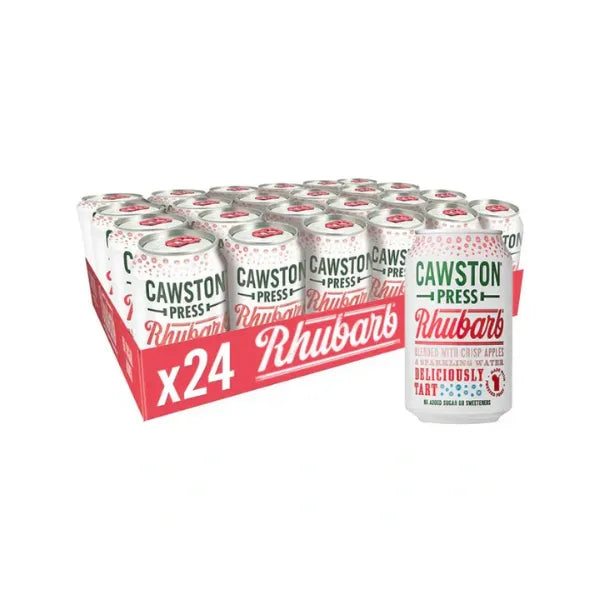 Pack of Cawston Press Rhubarb cans with a red and white design.