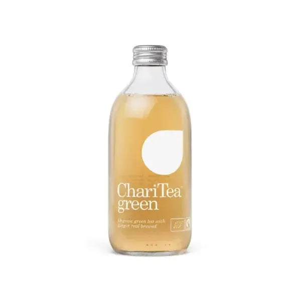 Bottle of ChariTea iced green tea on a white background
