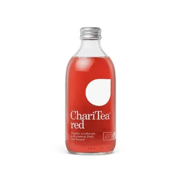 ChariTea rooiboos red tea bottle on a white background