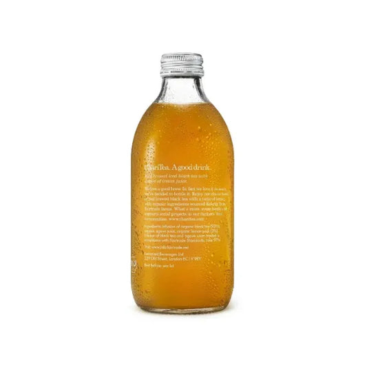 Rear of bottle of Charitea Iced Black tea with a silver cap on a white background